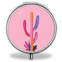 Ojanus Portable Daily Pill Box Plastic Travel Case, Round Medicine Case with Pink Cactus Pattern, Medicine Holder Organizer Box for Purse, Compact 3 Compartments