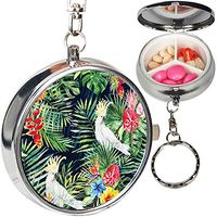 Portable Metal Pill Organizer Keychain Case Stash Box with 3 Compartments for Medicine Vitamin (Green Palm Leaves White Cockatoo)