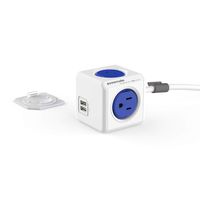 Allocacoc, PowerCube |ExtendedUSB|, 4 outlets, 2 USB Ports, 5 feet cable, Mounting dock, Surge Protection, Childproof Sockets, ETL Certified (Blue)
