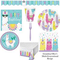 Olive Occasions Llama Themed Happy Birthday Paper Party Supplies Serves 16 Dinner Plates, 16 Cake Plates, 16 Lunch Napkins, 16 Beverage Napkins, Banner, Table Cover, Forks, Cups and Recipe