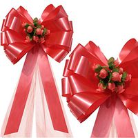 Coral Pull Bows with Tulle Tails and Rosebuds - 8" Wide, Set of 6, Wedding Pew Bows, Aisle Decoration, Reception, Anniversary, Birthday, School Dance, Valentine's Day, Fundraiser, Party Decor