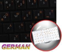 German Keyboard Decals ON Transparent Background with Blue, Orange, RED, White OR Yellow Lettering (14X14) (Orange)