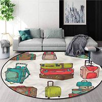 RUGSMAT Doodle Modern Machine Washable Round Bath Mat,Colorful Suitcases Coffee Table Mat Non-Skid Living Room Carpet Diameter-31