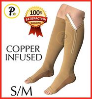 Presadee Copper Infused Open Toe 20-25 mmHg Zipper Compression Reduce Swelling Leg Calf Fatigue Knee Length Long Sock (Beige, S/M)