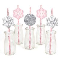 Big Dot of Happiness Pink Winter Wonderland - Paper Straw Decor - Holiday Snowflake Birthday Party or Baby Shower Striped Decorative Straws - Set of 24