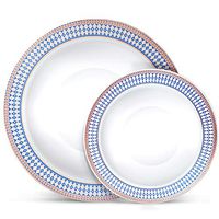 Laura Stein Designer Dinnerware Set | 64 Disposable Plastic Party Bowls | White Wedding Bowl with Blue Rim & Rose Gold Accents, Includes 32 x 12 oz Soup Bowls + 32 x 5 oz Dessert Bowls | Midnight Blue