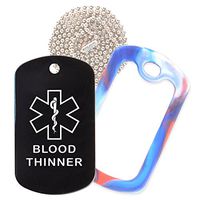 Blood Thinner Medical Alert ID Necklace with Black Tag, Red/White/Blue Silencer, and 30'' USA Chain - 154 Color Choices