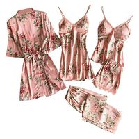 TIFENNY 5PCS Sexy Lace Satin Robe Bathrobe Cardigan Trousers Shorts Tops Lingerie Set Pajamas Sleepwear Lace Sleepdress
