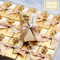 100pcs Gold Favor Boxes with Wedding Tag and Ribbon, Rectangle Wedding Candy Box for Bridal Shower Wedding Party Supplies (Gold)