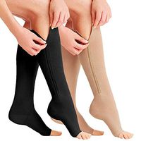 SKYFOXE New (2 Pairs) Compression Socks Compression Zip Sox Socks Stretchy Zipper Leg Support Unisex Open Toe Knee Stockings (Beige-Black, L/XL)