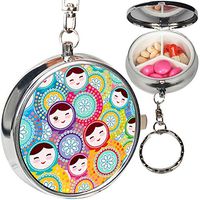 Portable 3 Compartments Metal Pill Organizer Keychain Stash Case Box (Russian Dolls Matryoshka Pink Blue)