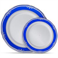 Laura Stein Designer Dinnerware Set | 32 Disposable Plastic Party Plates | White Wedding Plate with Blue Rim & Silver Accents | Includes 16 10.75" Dinner Plates + 16 7.5” Salad Plates | Cobalt Blue