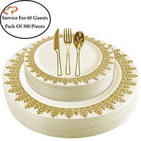 Tiger Chef Plastic Dinnerware 300 Piece Set Service For 60 Guests Includes 60 10.75-inch Dinner Plates 60 7-inch Salad Plates 6 Cutlery Sets Forks, Spoons, And Knives Disposable BPA Free