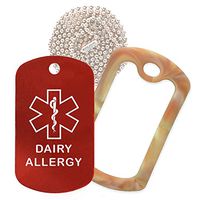 Dairy Allergy Medical Alert ID Necklace with Red Tag, Camo Desert Silencer, and 30'' USA Chain - 154 Color Choices