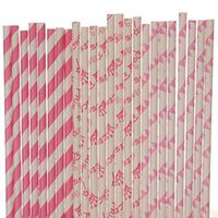 Hot Pink Princess Paper Straw Mix - Pennant Banners, Princess Crowns, Striped (25)