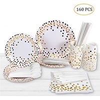 esonmus Disposable Paper Plates&Cups 20 Set, Gold Dot Disposable Cups Dinner Plates Dessert Plates Straws Spoons Forks Cutters Napkins - Baby Shower, Wedding, New Year Birthday Party Supplies - 160pcs
