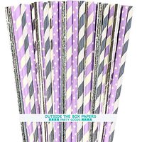Paper Straws - Lavender Lilac and Silver Foil - Stripe Polka Dot Solid - 100 Pack
