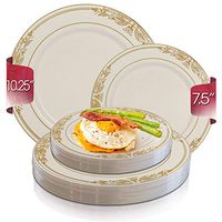 Disposable Plastic Dinnerware Set for 120 Guests - Includes Fancy Round Ivory with Gold Dinner Plates & Dessert/Salad Plates - Plastic Party Plate For Wedding, Thanksgiving, Birthday & Other Occasions