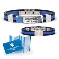 Silicone Designer Medical ID Bracelet (incl. 5 Lines of Custom Engraving). Choose Your Color! (Black/Blue (Small Inset))