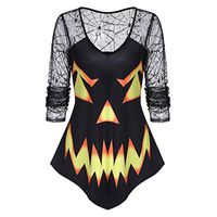 Vivilpus Halloween Womens 50s Housewife Round Neck Pumpkin Face Print Spider Web Lace Halloween T-Shirt Casual Blouse Tops for Casual, Evening Hepburn Party Shirt