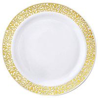 BalsaCircle 20 pcs 10.25-Inch White with Gold Trim Plastic Round Plates - Disposable Wedding Party Catering Tableware