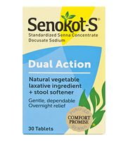 Senokot-S Dual Action 30 Tablets, Natural Vegetable Laxative Ingredient Plus Stool Softener Tablets, Gentle Dependable Overnight Relief of Occasional Constipation
