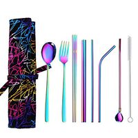 🌹 Rainbow Straws Stainless Steel Portable Outdoor Tableware with Bag Storage Packaging 7 Piece Set of Reusable Stainless Steel Drinking Straws Metal Knife Fork Spoon Chopsticks (Multicolor)