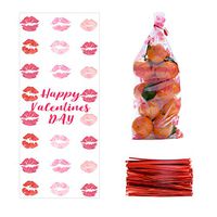 100 Pcs Valentine Cellophane Cookie Bags Goodie Candy Treat Bag with Twist Ties for Valentine's Day Party Supplies (Style C)