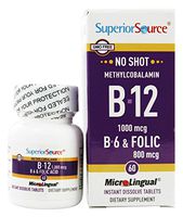 Superior Source - No Shot B12 Methylcobalamin 1000 mcg with B6 & Folic Acid 800 mcg. - 60 Tablets
