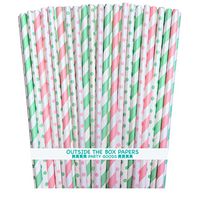 Outside the Box Papers Polka Dot and Striped Paper Straws 7.75 Inches 100 Pack Pink, Mint Green, White