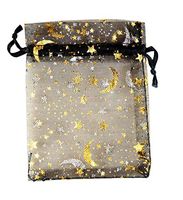 SUNGULF 100Pcs Sheer Organza Drawstring Pouches Stars and Moon Wedding Party Favor Jewelry Candy Gift Bags (5x7 inch, Black)