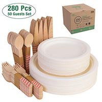 ECONY 280Pcs Disposable Dinnerware Set, Compostable Biodegradable Cutlery Eco-Friendly Tableware - Microwavable Natural Plates, Forks, Knives and Spoons Combo for Picnic, Party, BBQ for 50 Guests