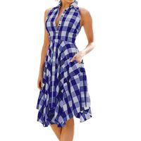 Womens Vintage Bodycon Plaid Sleeveless Button Irregular Hem Evening Party Dress Blue