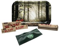 RAW Rolling Tray Small"Smokey Forest Trees", RAW Classic 1 1/4, King Size Slim, King Size Supreme, with Cigarette Maker with Leaf Lock Gear Pouch - 6 Item Bundle