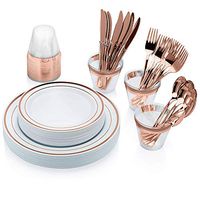 Bobfaw Creations Rose Gold Plastic Plates Dinnerware Set - 150 Piece Disposable Silverware with 25 each (Dinner & Salad Plates, Spoons, Forks, Knives, Cups)