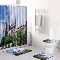 Naiflowers 4 Piece Bath Shower Curtain Sets, Bathroom Shower Curtain & Toilet Mat & Lid Cover & Non Slip Rugs Notre Dame de Paris Printing, Washable Bath Curtain Carpet for Tub Living Room (E)