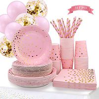 311PCS Pink and Gold Party Supplies - Disposable Paper Plates Dinnerware Set Rose Gold Dots 50 Dinner Plates 50 Dessert Plates 50 Cups 50 Napkins 50 Straws 60 Balloons Birthday Party Wedding Holiday