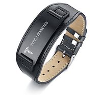 VNOX Medical Type 1 Diabetes Bracelet Wide Genuine Leather Stainless Steel ID Tag Adjustable Wristband for Men