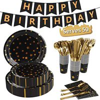 351PCS Black and Gold Party Supplies Set Disposable Party Dinnerware Services 50 Including Banner, Plates, Cups, Napkins, Tablecloth, Spoon, Forks, and Knives Wedding Birthday Party Graduation