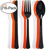 Tiger Chef 216-Piece Black Orange and White Halloween Flatware Party Supplies, Heavyweight Colored Plastic Silverware Includes 72 Forks, 72 Teaspoons, and 72 Knives (Halloween, 216)
