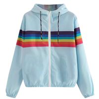 Behkiuoda Women Hooded Coat Sport Jacket Long Sleeve Rainbow Stripe Patchwork Sweatshirt Pullover Overcoat Blouse
