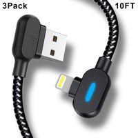 Lightning Cable 10 FT with LED Light 3 Pack Right Angle iPhone Charger Cable Braided Syncing & Charging Cord Compatible with iPhone Xs/XS Max/XR/X/ 8/7/6 and More.(Black LED)