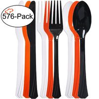 Tiger Chef 576-Piece Black Orange and White Halloween Flatware Party Supplies, Heavyweight Colored Plastic Silverware Includes 192 Forks, 192 Teaspoons, and 192 Knives (Halloween, 576)