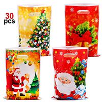 HOWAF 30pcs Christmas Treat Candy Gifts Bags with Handles for Xmas Presents Sweets, Christmas Tree Santa Goody Plastic Bags for Kids Adult Christmas Party Bag Fillers Party Decoration Supplies