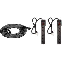 AmazonBasics Extension Cord - 20 feet - US - Black & 6-Outlet Surge Protector Power Strip 2-Pack, 200 Joule - Black