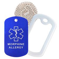 Morphine Medical Alert ID Necklace with Blue Tag, White Silencer, and 30'' USA Chain - 154 Color Choices