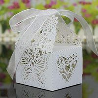 20Pcs Hollow Out Chocolate Candy Gift Boxes Wedding Party Favor Box With Ribbon |Color - Butterfly Heart Pattern White|