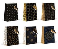 Gold Black Premium Gift Bags, Medium, Gift Bags (Family), Qty 6 (one of Each Design)