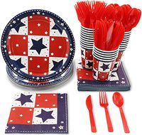 Blue Panda Patriotic Stars Party Supplies for BBQs, Summer, Fourth of July - Plates, Knives, Spoons, Forks, Napkins, and Cups, Serves 24