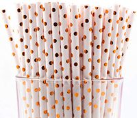 Pack of 300 Rose Gold Polka Dot Foil Biodegradable 4-Ply Paper Drinking Straws (Compostable, Non-toxic, BPA-free)